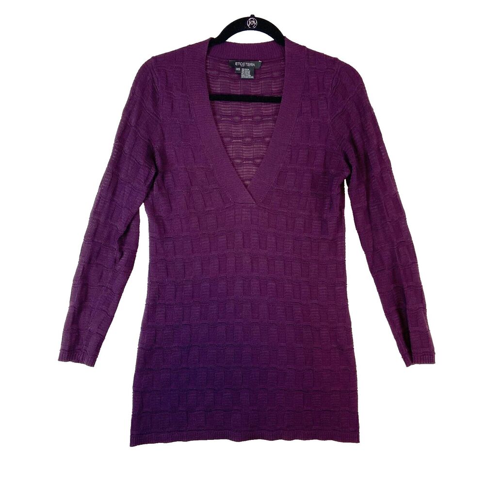 Etcetera Tunic Sweater Women's XS Plum Purple Textured Knit V-Neck Long Sleeve
